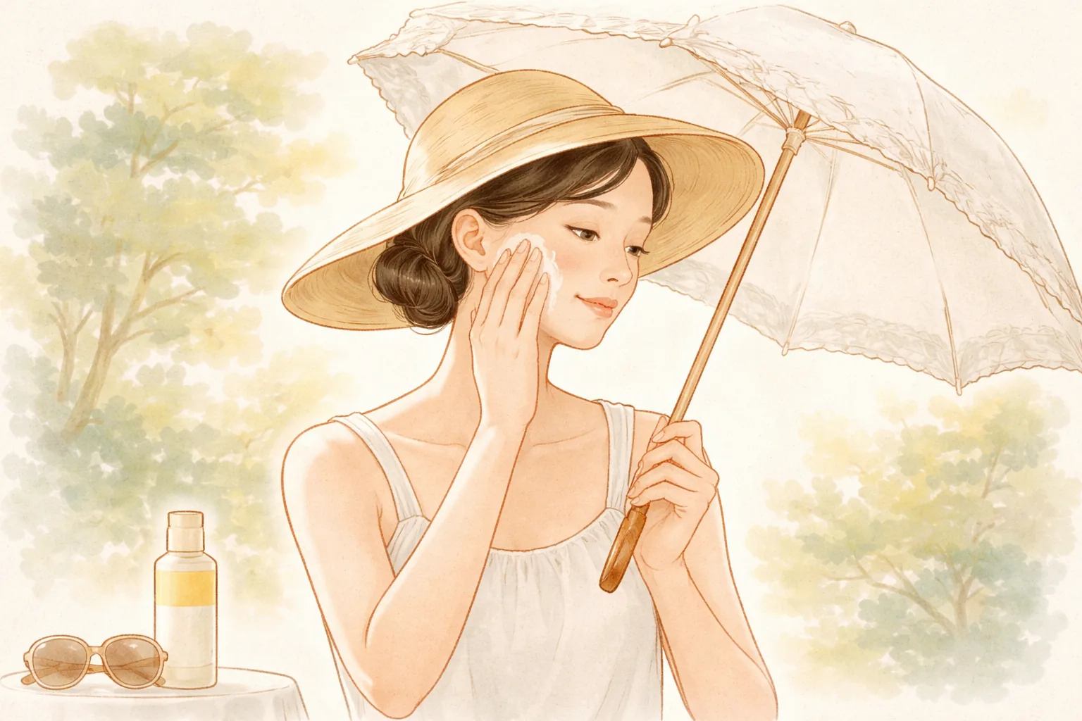 戴帽子與撐陽傘、在臉上塗防曬的女性,桌上有太陽眼鏡與瓶子