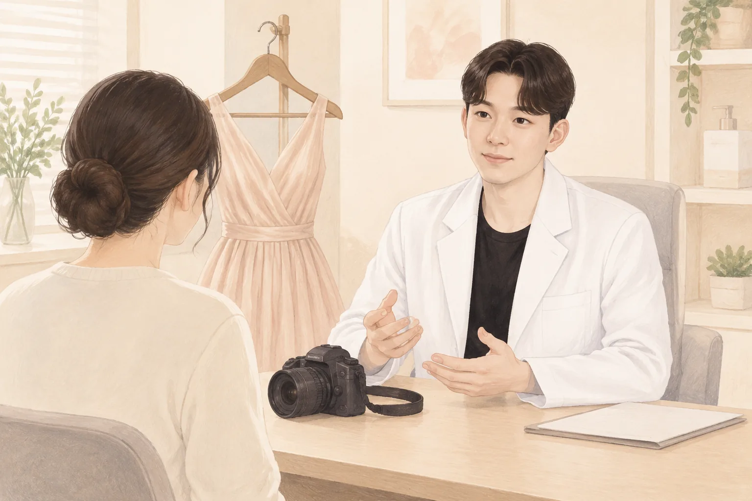 드레스가 걸려 있고 카메라가 놓인 책상 앞에서 두 사람이 상담하는 모습