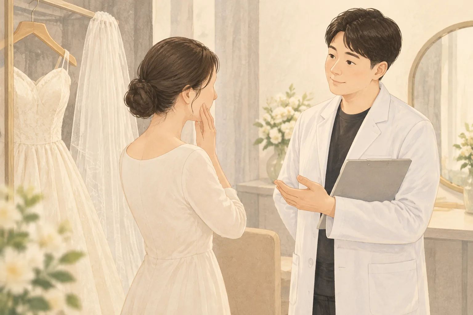웨딩드레스 옆에 서서 볼을 만지며 대화하는 여성과 흰 가운을 입은 남성