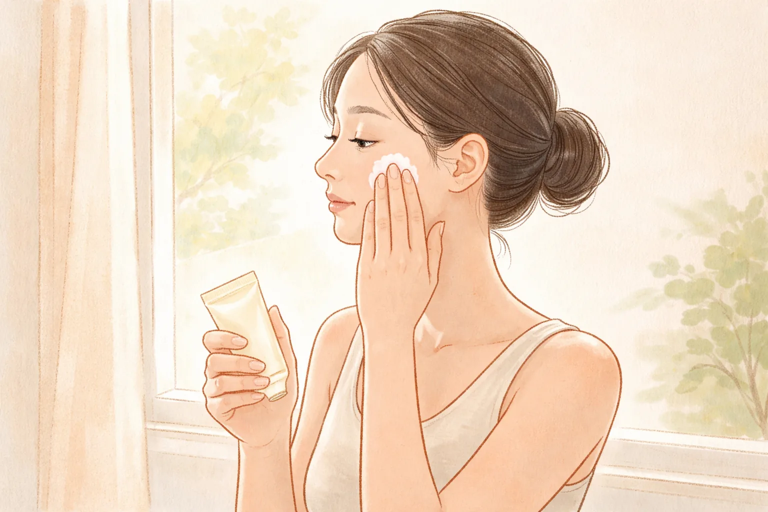 女性站在窗邊,將手中防曬塗抹於臉上