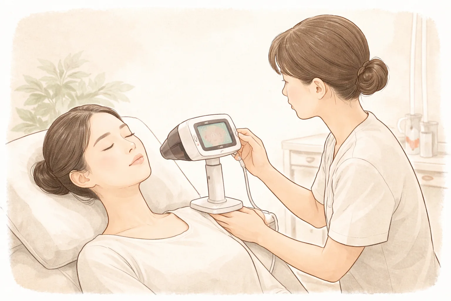 Clinician using a skin analysis camera on the cheek of a woman with closed eyes