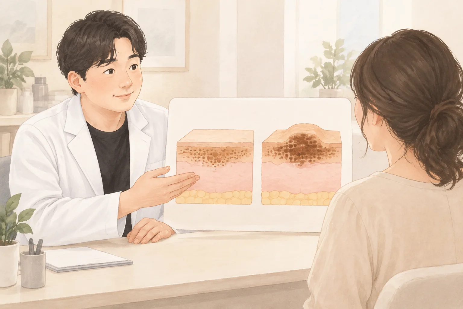 皮膚の断面図を見せながら女性とカウンセリングする男性