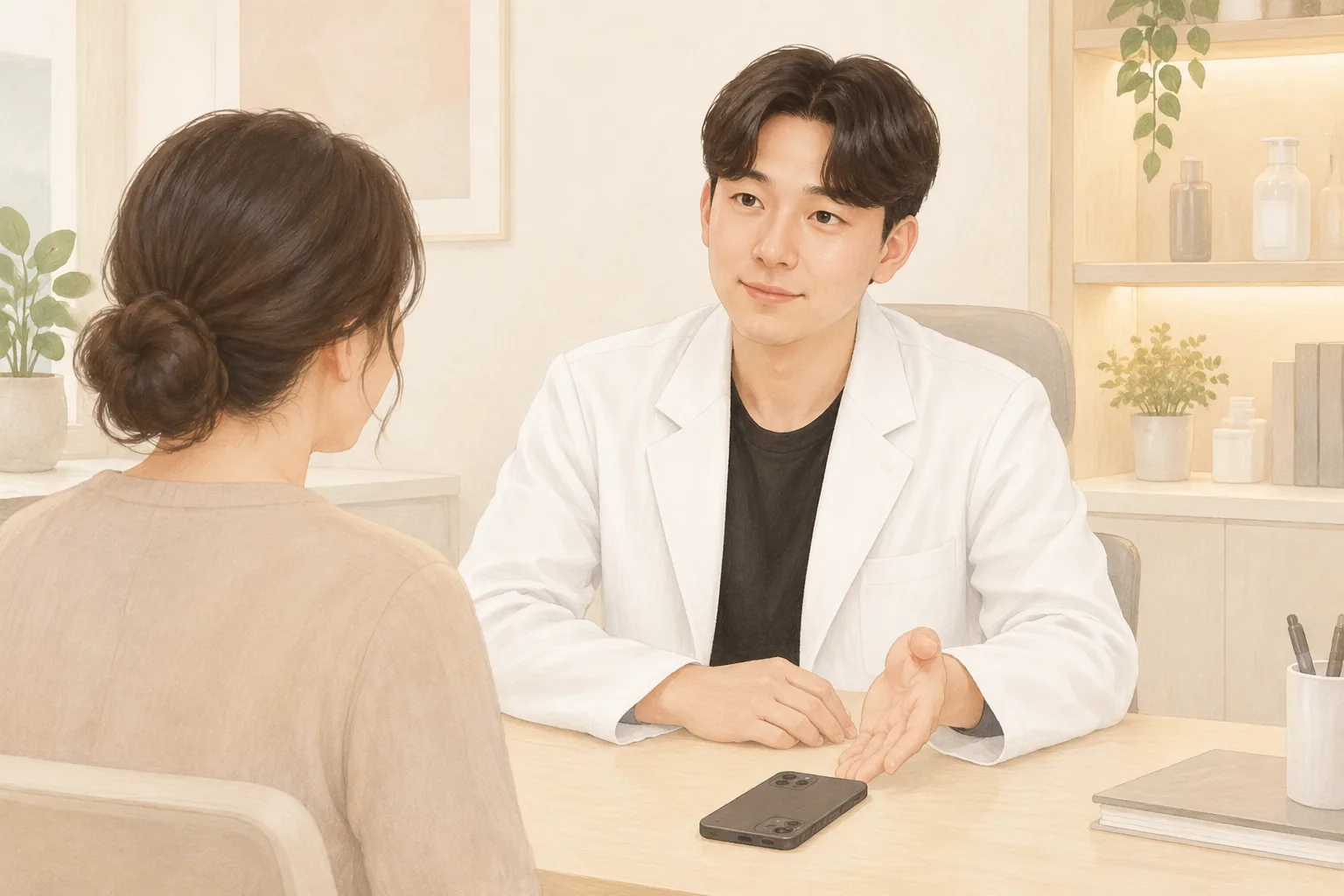 醫師在諮詢桌前指著手機向病人說明