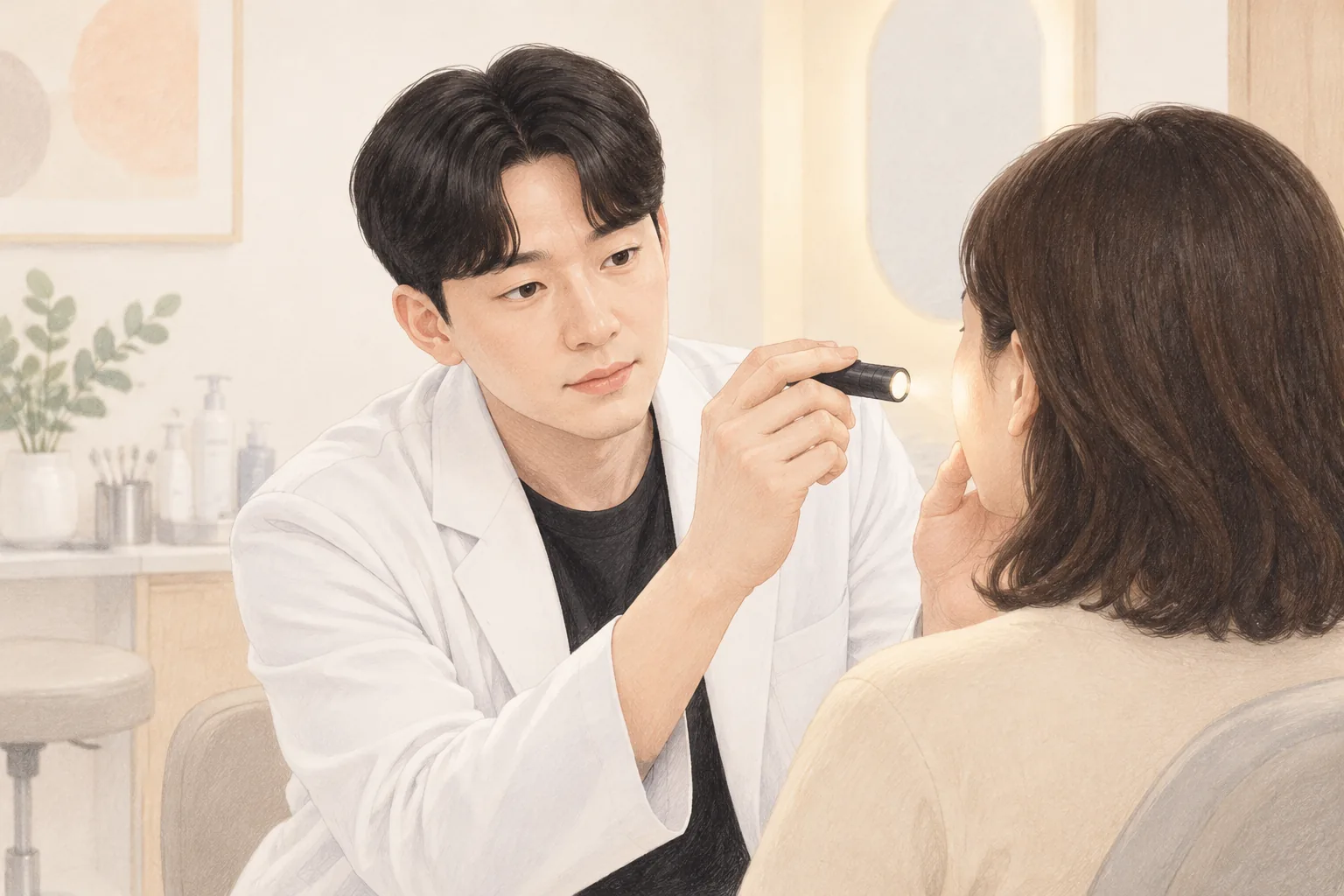 진료복을 입은 남자가 손전등으로 여자의 얼굴을 살펴봄