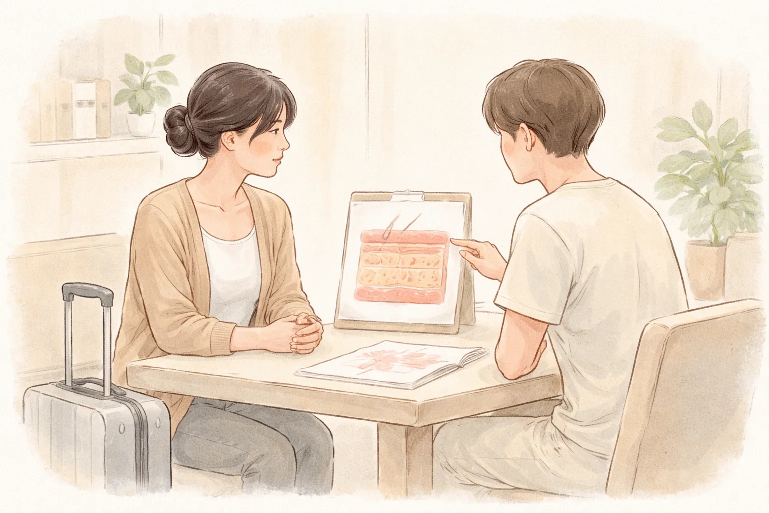 Man and woman seated beside a small suitcase, consulting over an illustration showing skin structure