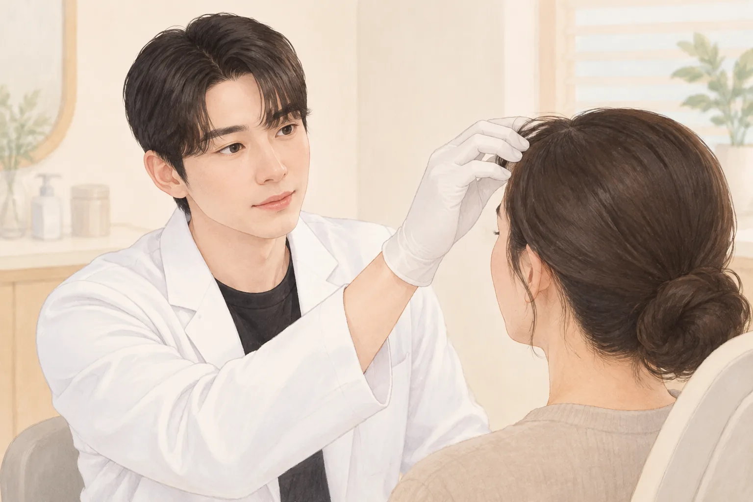 흰 가운을 입은 남자가 흰 장갑을 끼고 머리를 올린 여성의 이마를 살펴봄