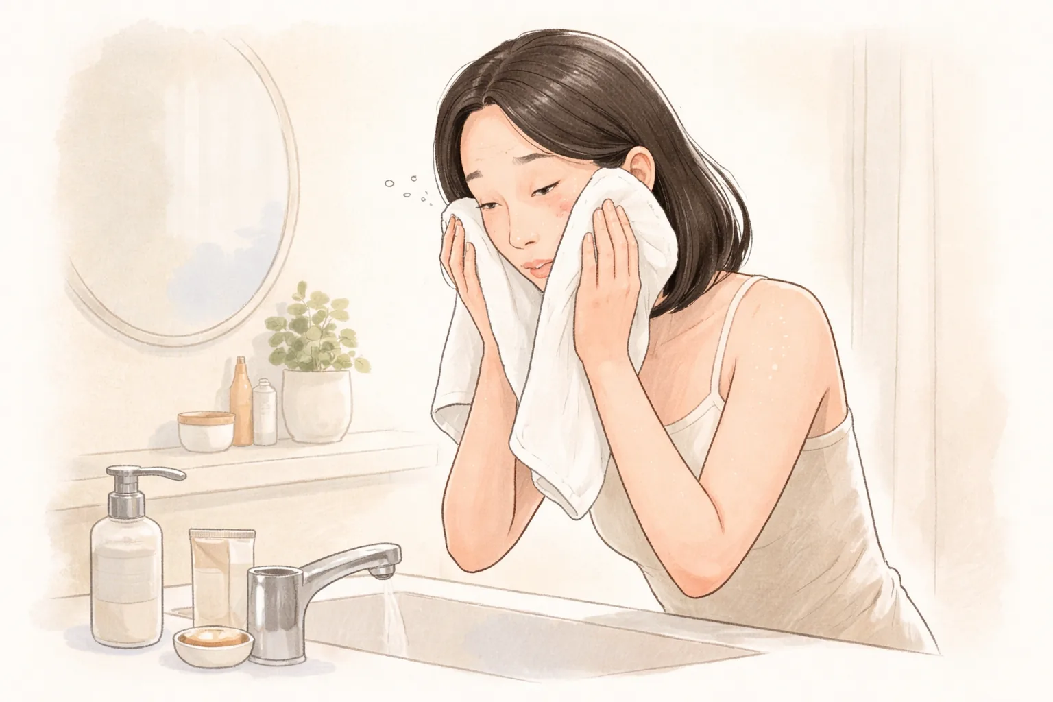 세면대 앞에서 수건으로 얼굴을 닦는 긴 머리 여성