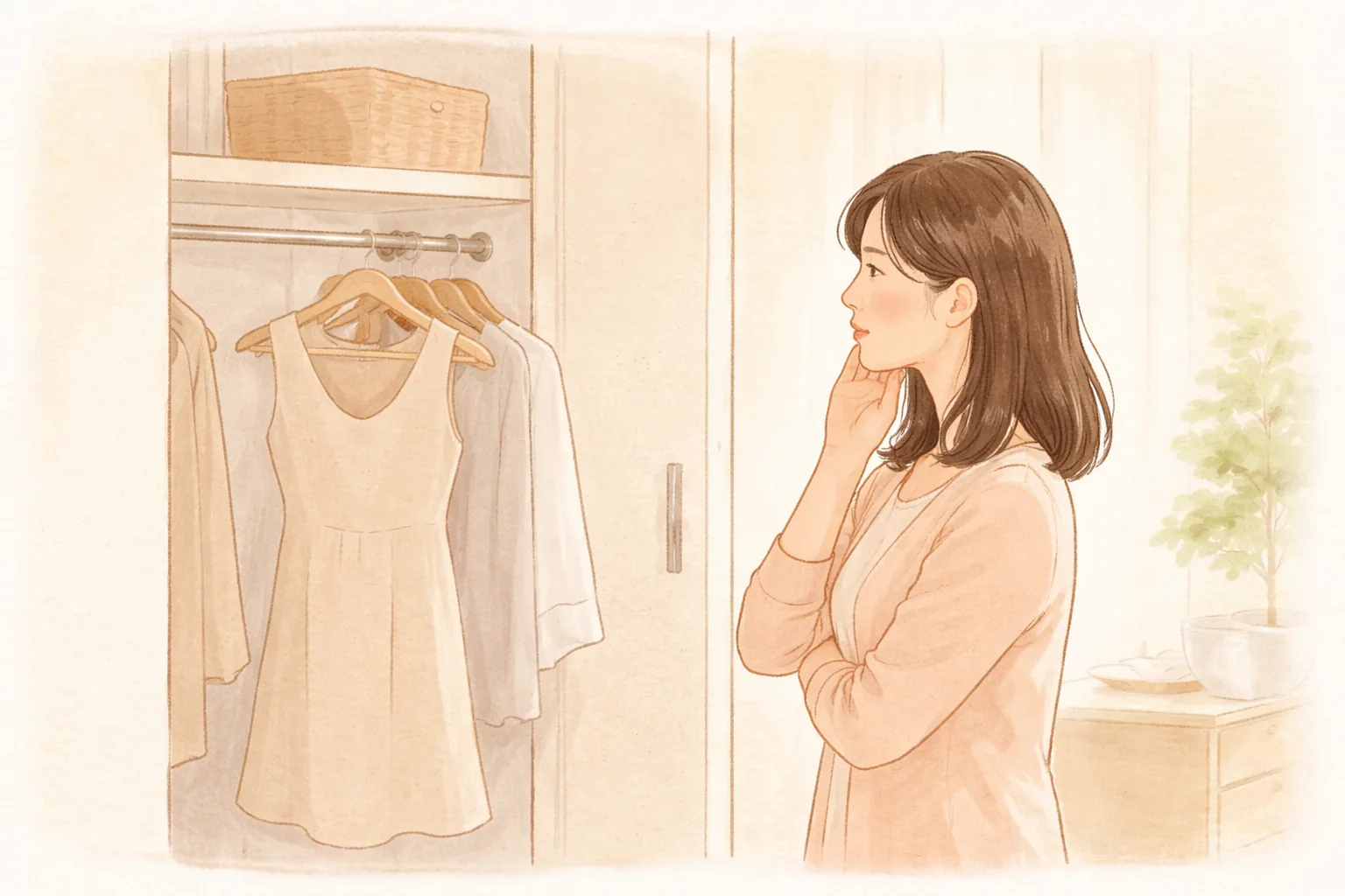 クローゼットの前で頬に手を当て考え込む女性