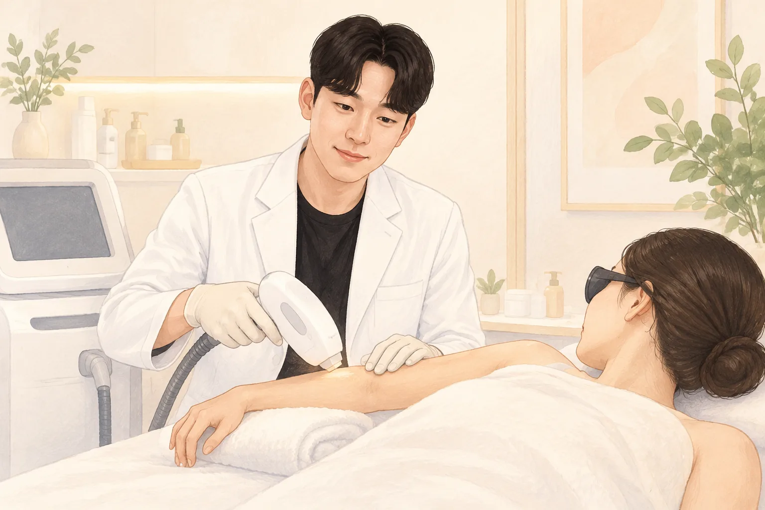 보호 안경을 쓴 환자의 팔에 레이저 제모기를 들고 있는 남성 의사