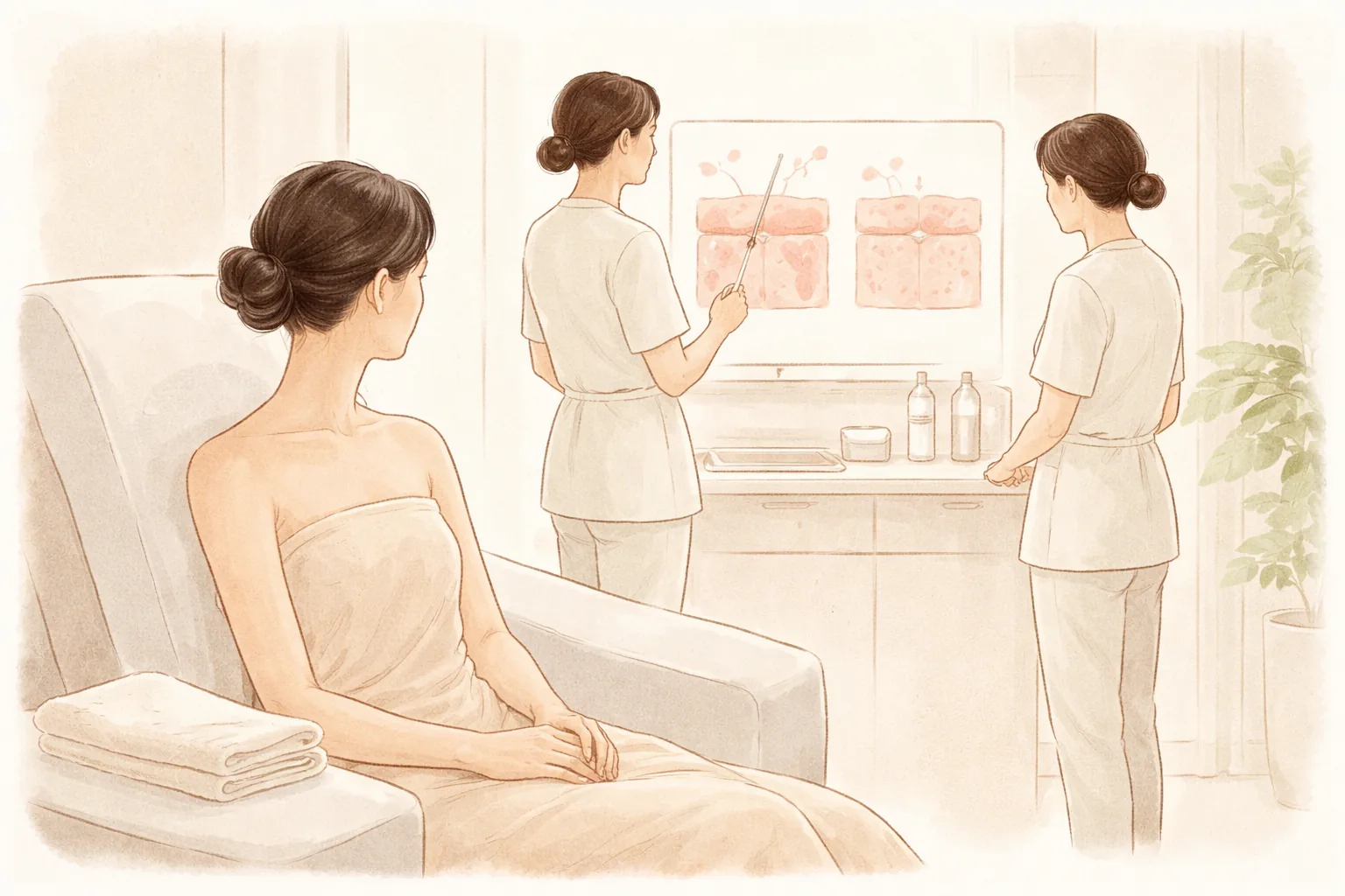 両手を膝に置いて座る女性と皮膚の状態を説明する二人の女性医療スタッフ