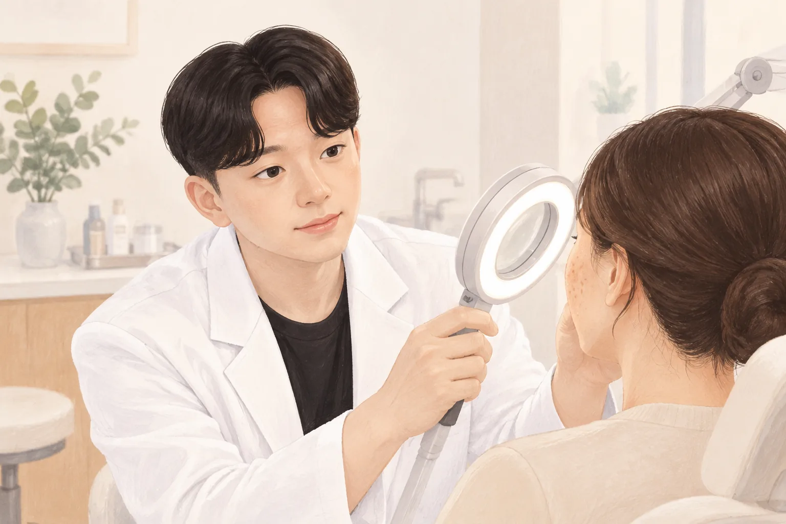 남성 의사가 확대경으로 여성 환자의 볼을 살펴보는 모습