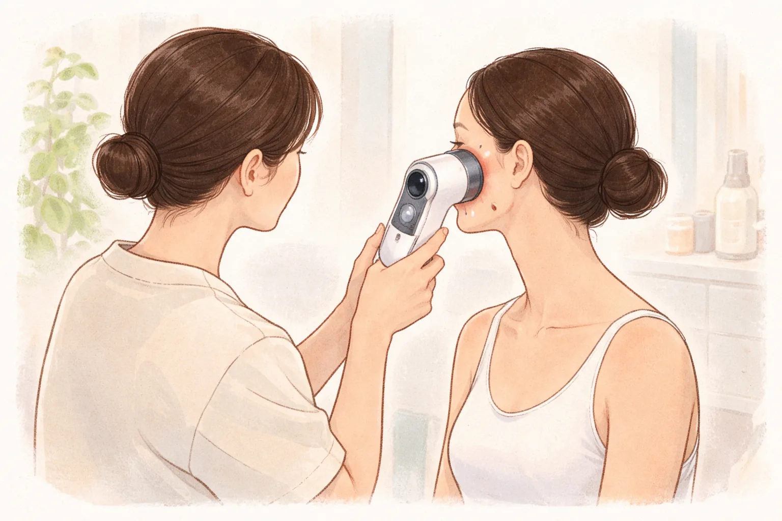 의료진이 여성의 얼굴 가까이 피부 분석 카메라를 대고 있음