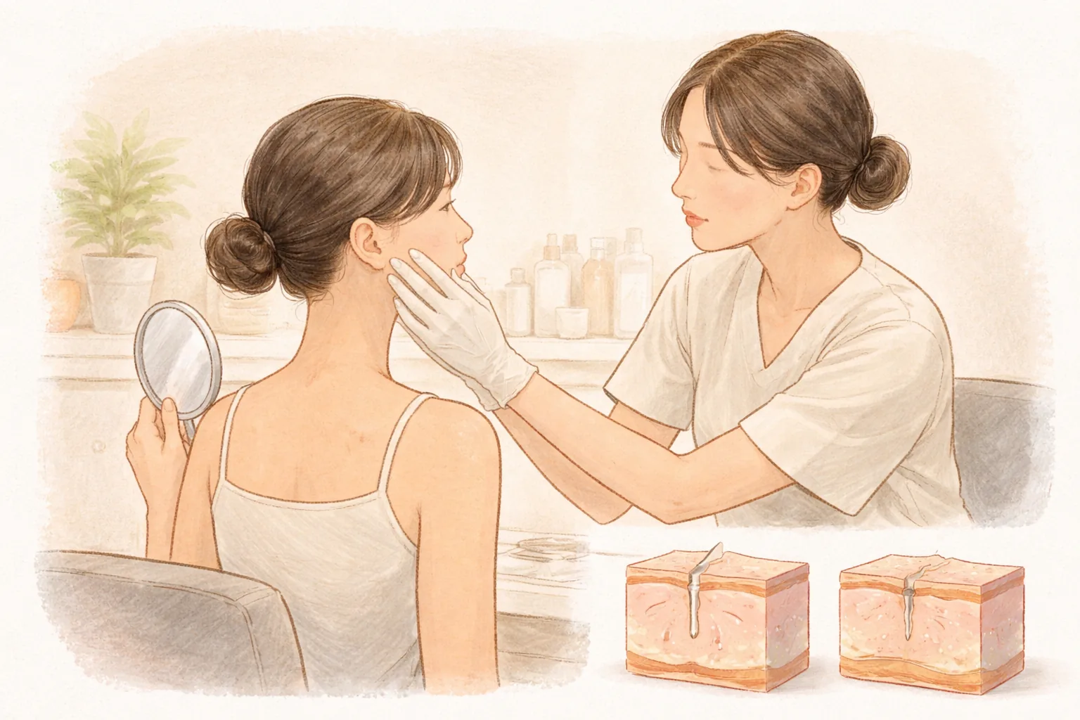 女性と医療スタッフが向かい合い、女性が手に鏡を持っている様子