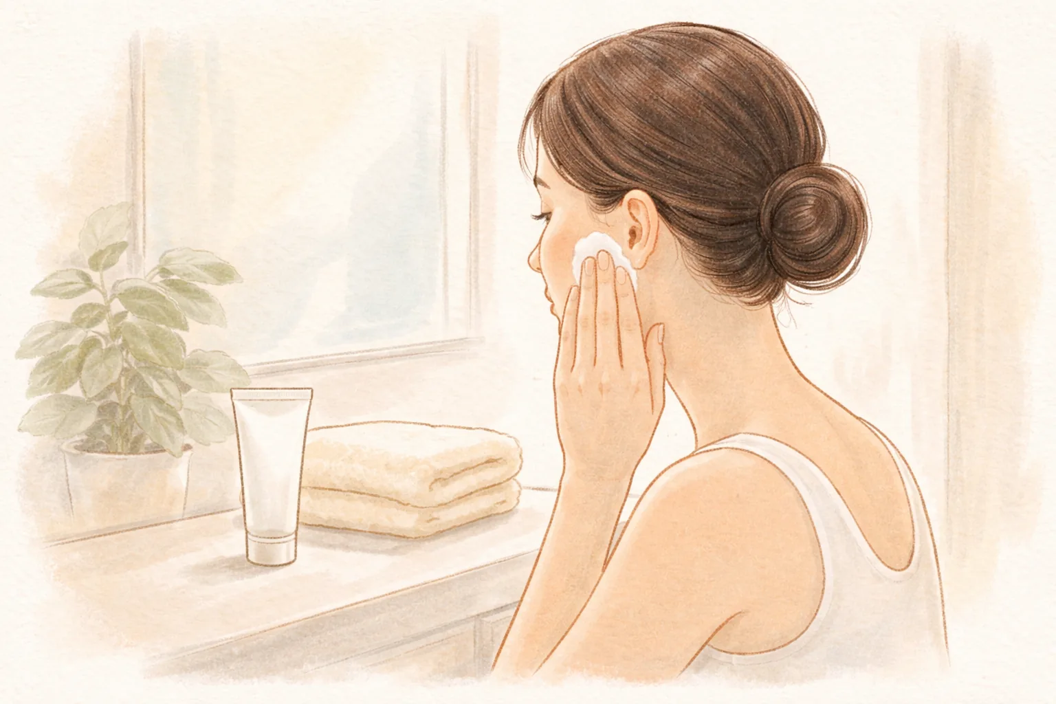 女性が洗面台の前で指先に保湿剤をとり頬に塗る様子