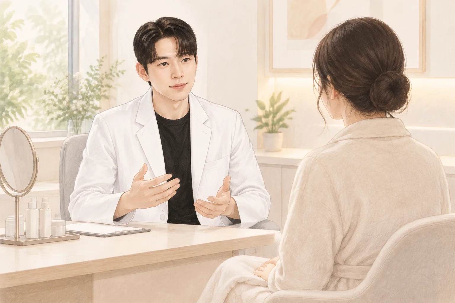 의사와 상담하는 환자, 환자는 흰색 가운을 입고 있음