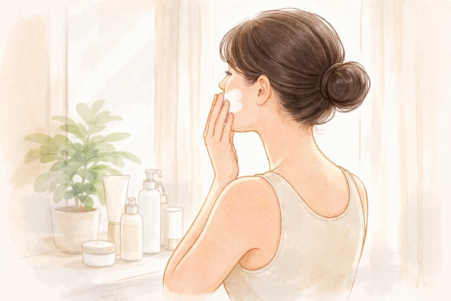 A woman with neat hair applying skincare by a window with cosmetic bottles nearby