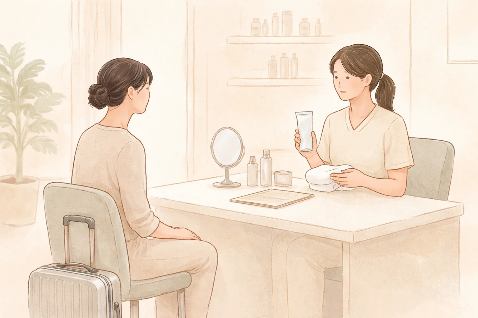 Two women talking across a table with a travel suitcase beside a chair