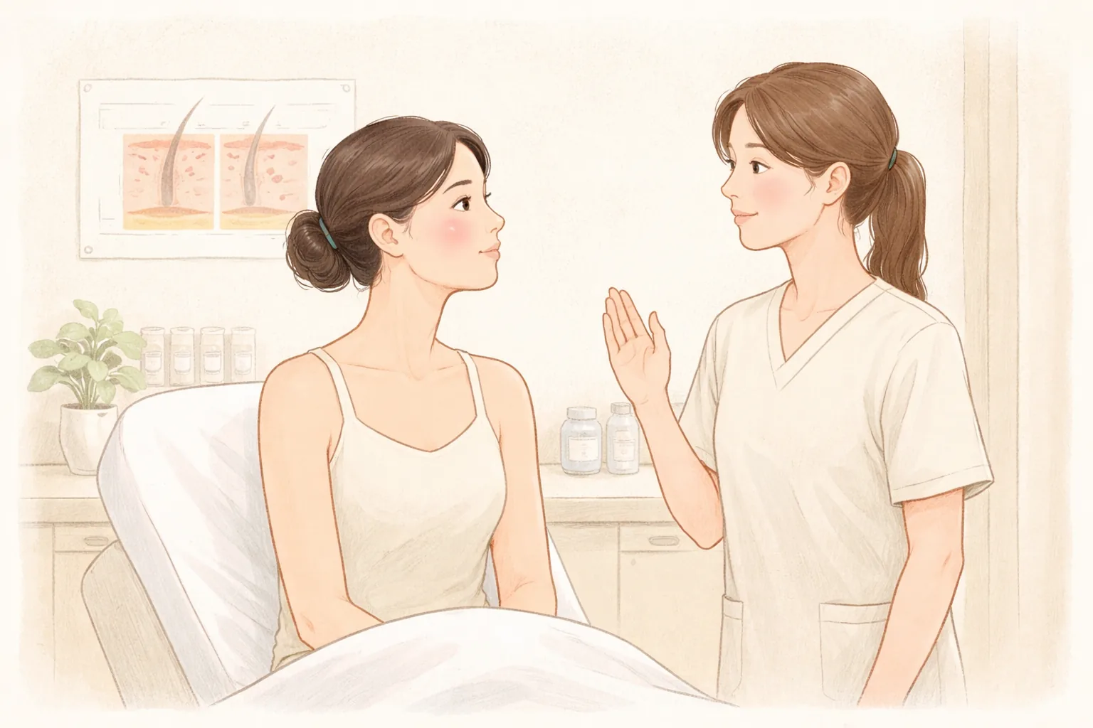 女性坐在诊疗床上，医护人员站在旁边与她交谈