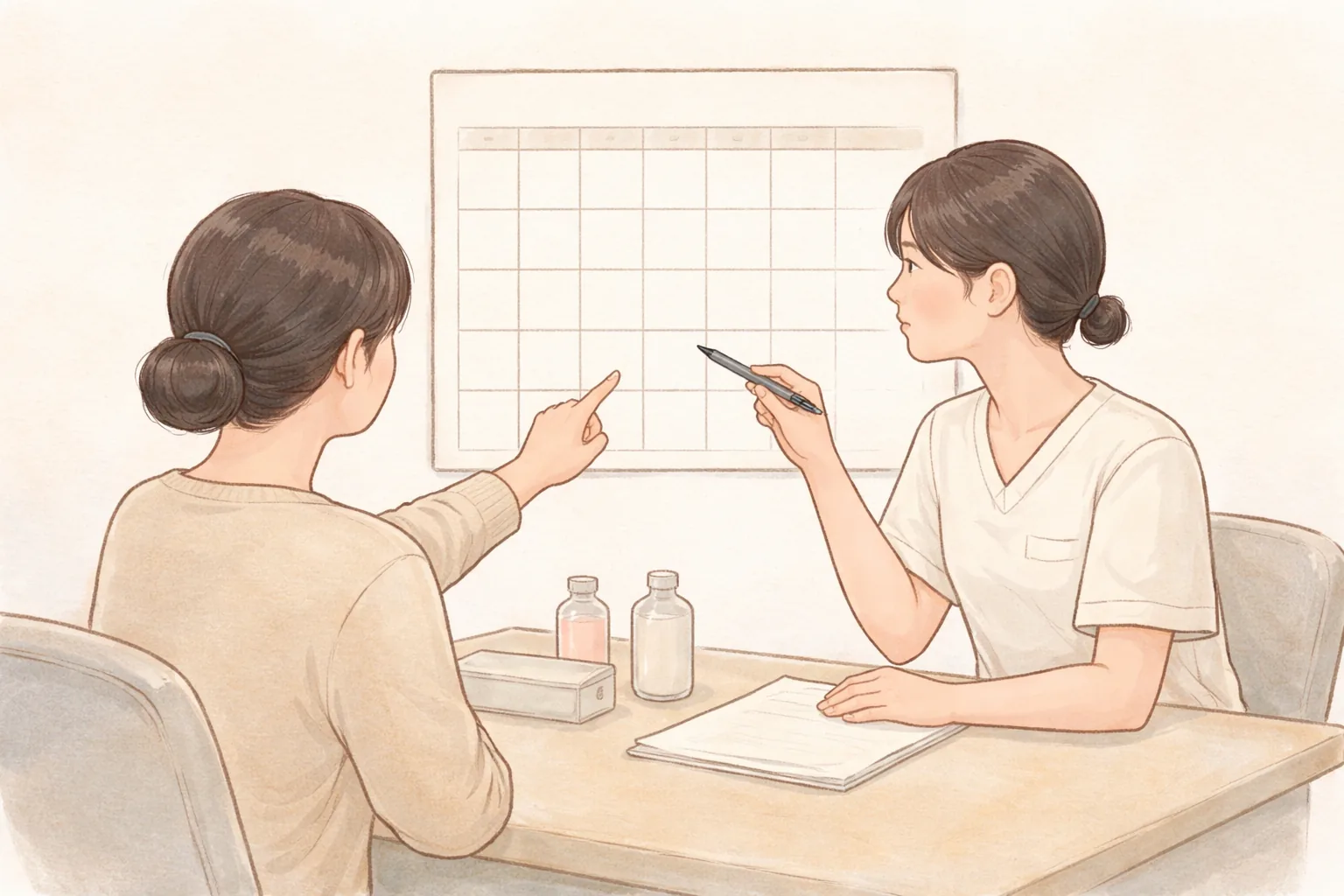 两位女性指着日历日期交谈,桌上放着药瓶和文件