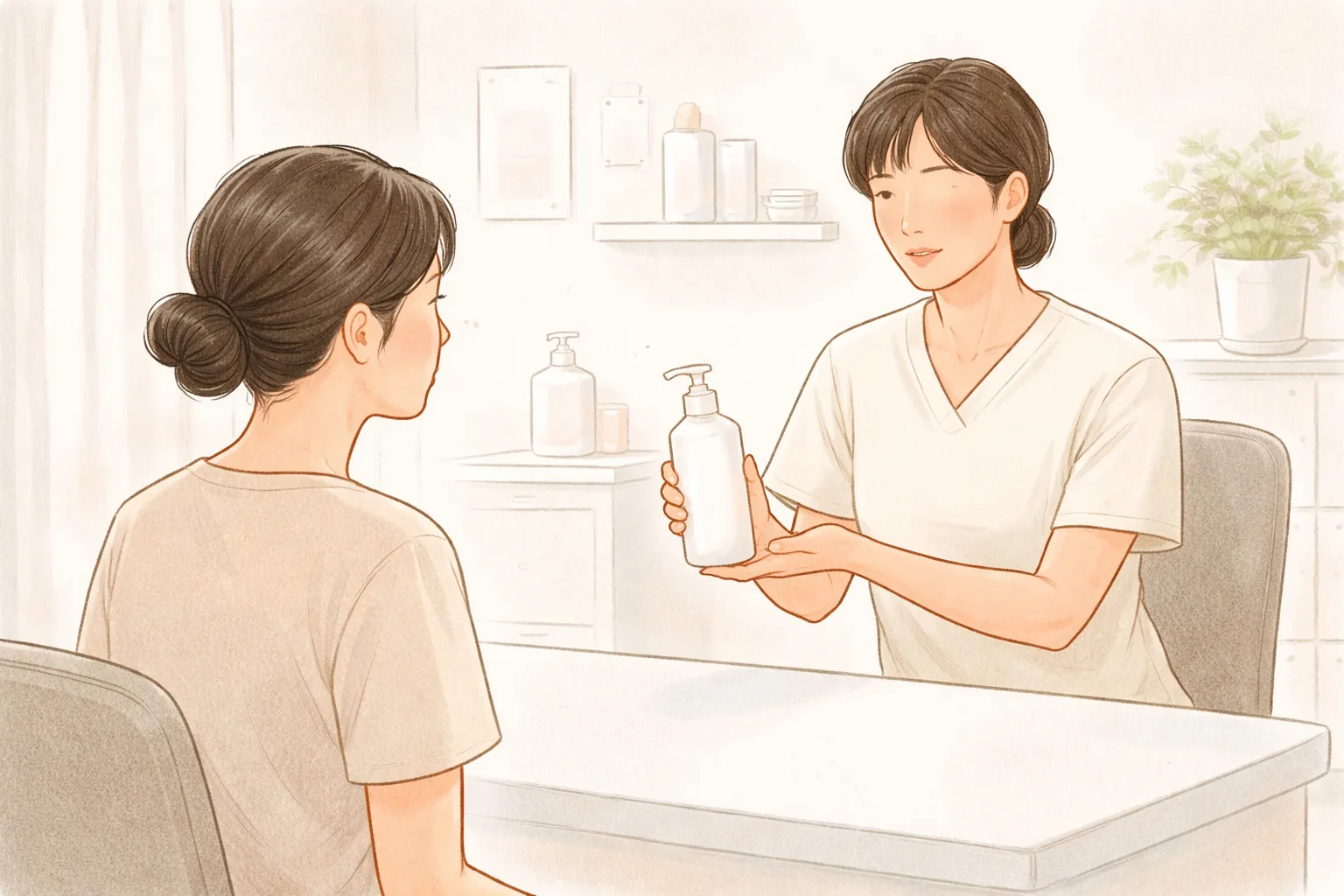 醫療人員將白色按壓瓶遞給坐著的女性