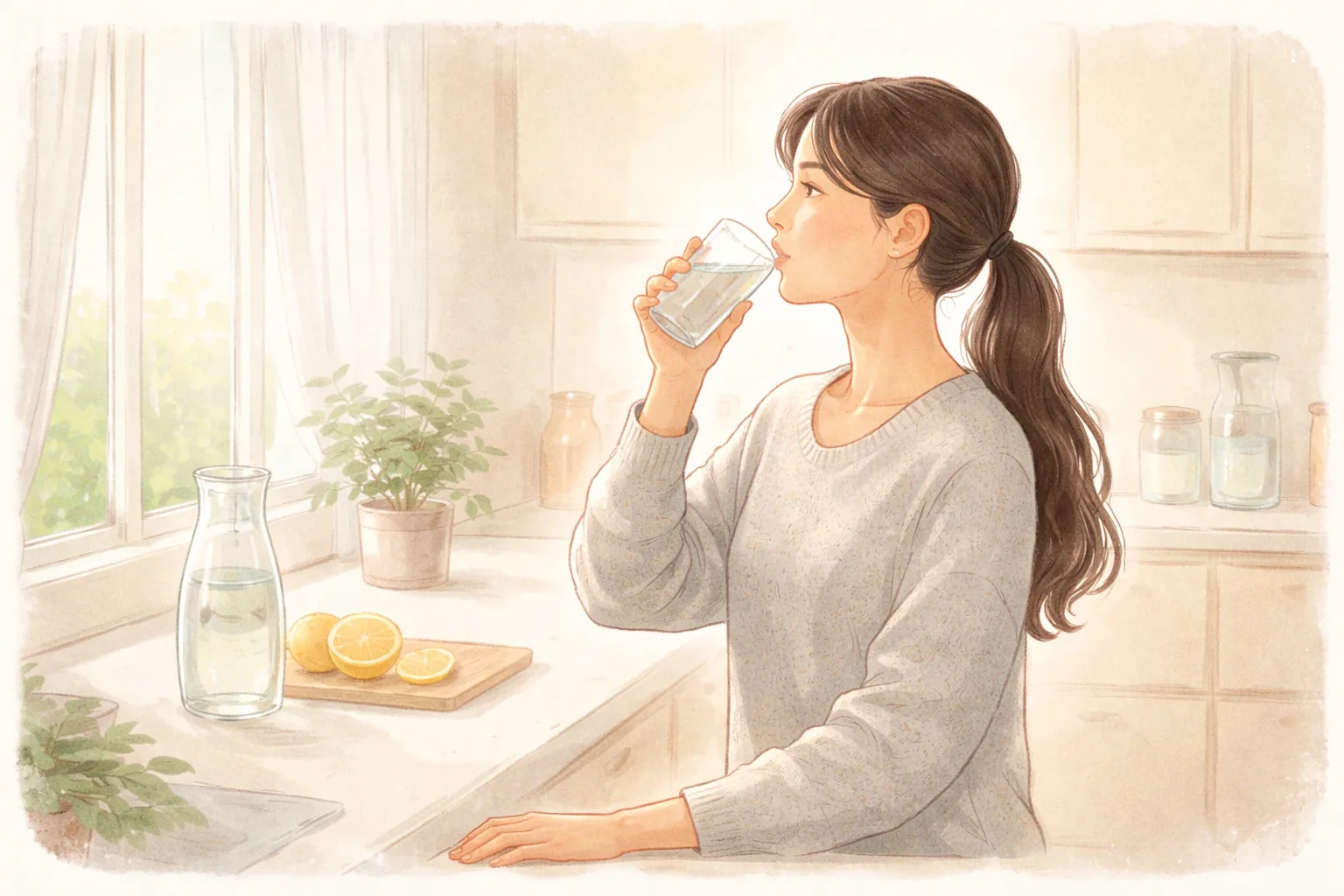 在廚房喝水的長髮女性