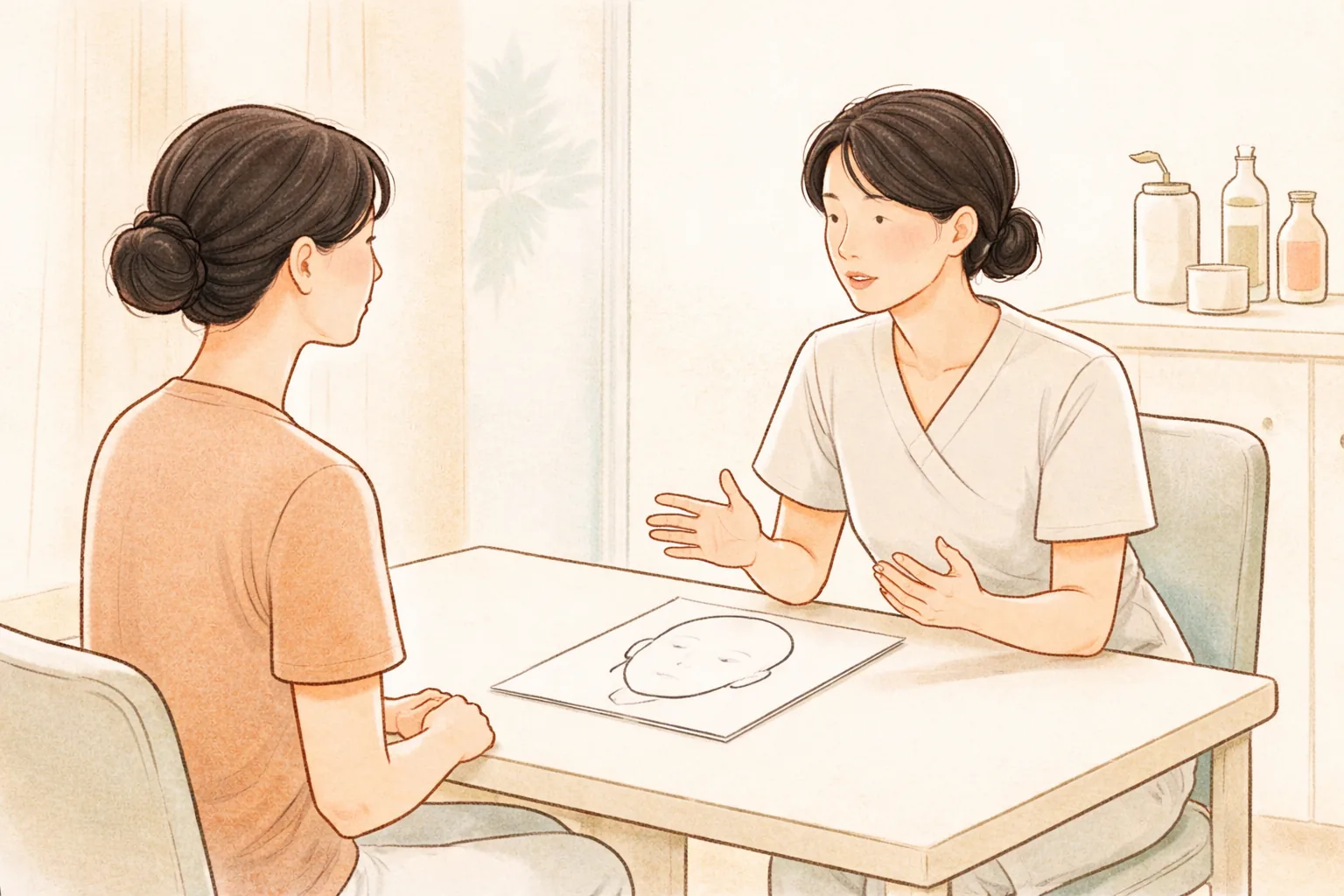 Mujer y profesional médico conversando sentados frente a frente en una consulta luminosa