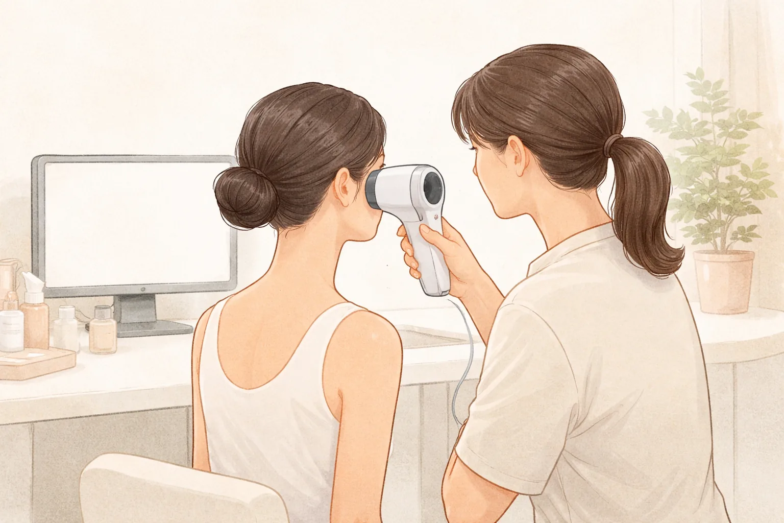 患者の頬を皮膚分析カメラで撮影する医療スタッフと患者