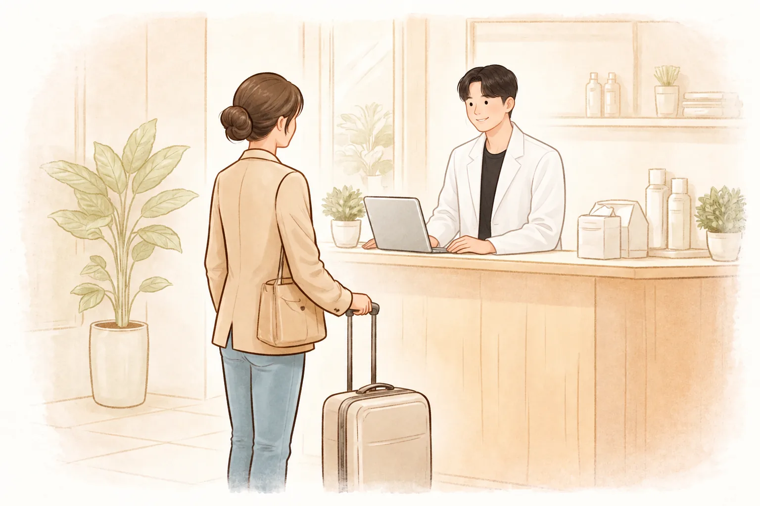Female patient standing in a bright lobby with a rolling suitcase while medical staff consult with her