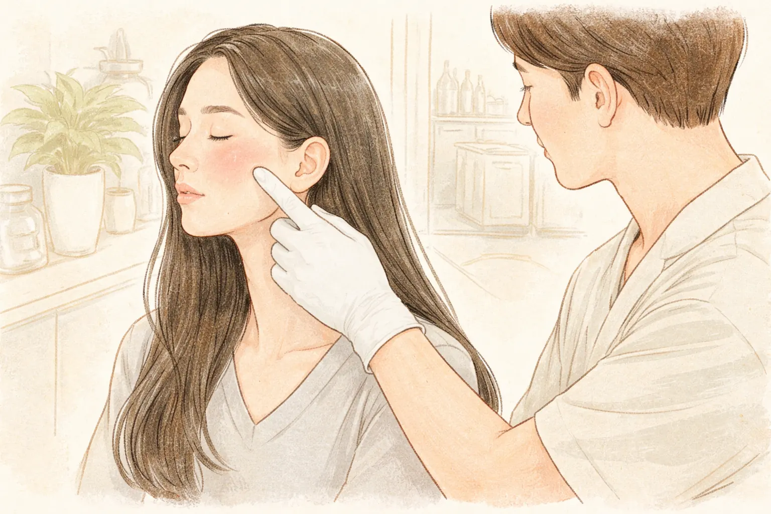 A clinician examining a woman's cheek with a gloved hand as she turns her head to the side