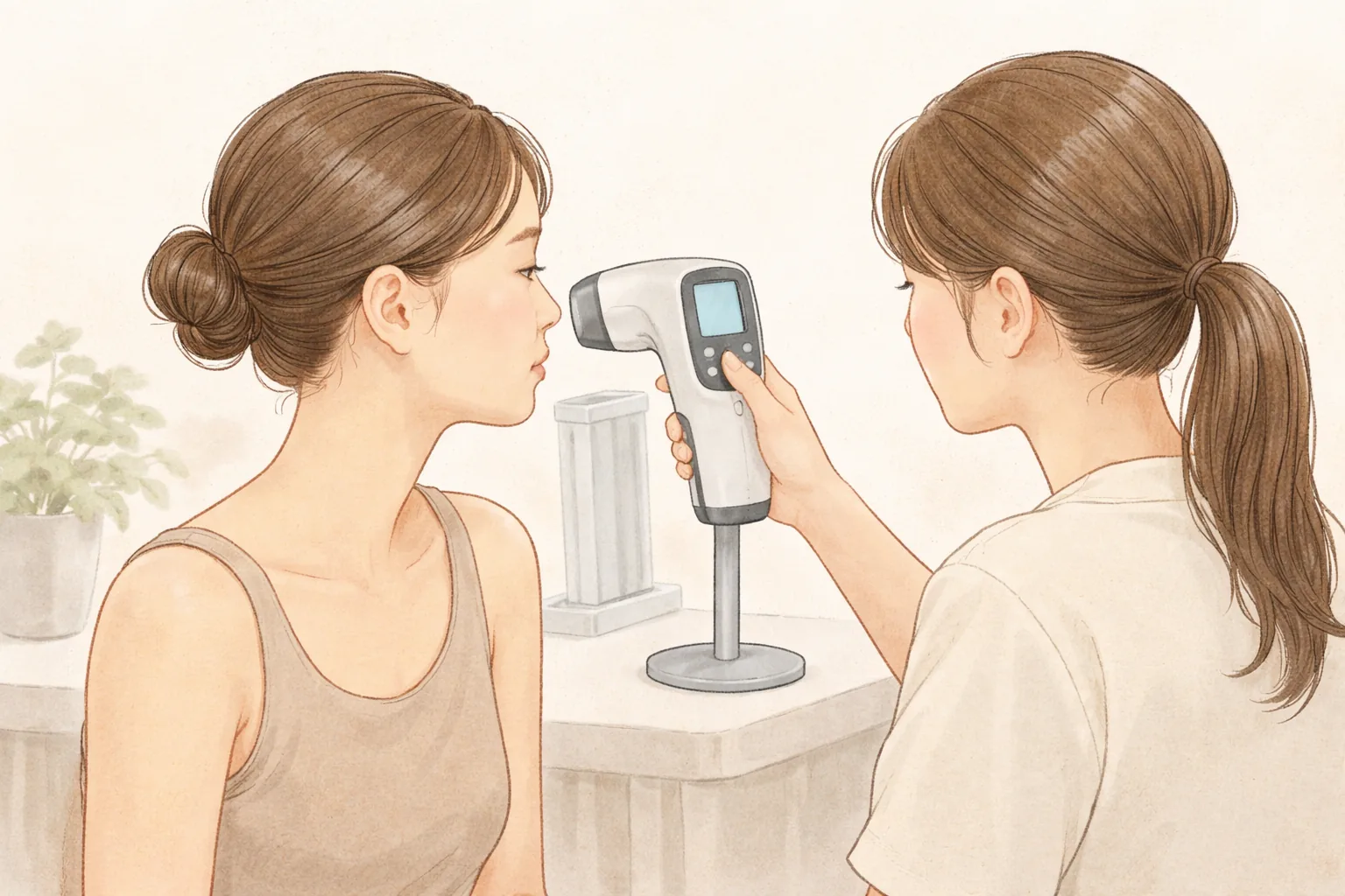 肌分析カメラの前に座り顔を向ける女性と機器を操作する女性