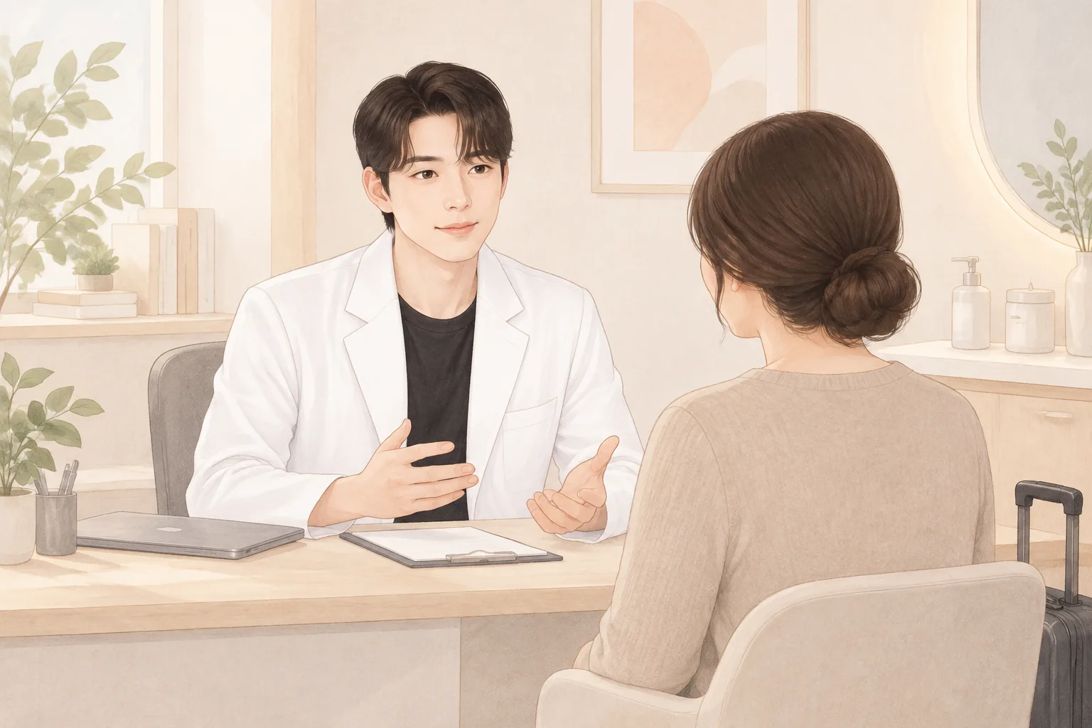 진료실에서 의사와 환자가 상담하는 장면과 옆에 여행 가방이 놓여 있음