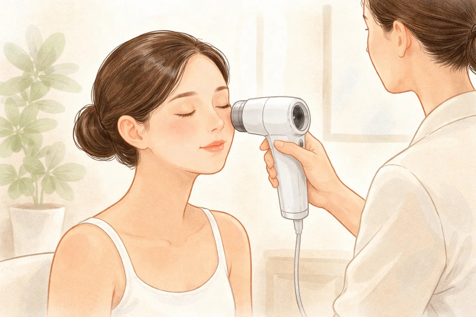 医疗人员用皮肤分析相机拍摄闭眼女性面部