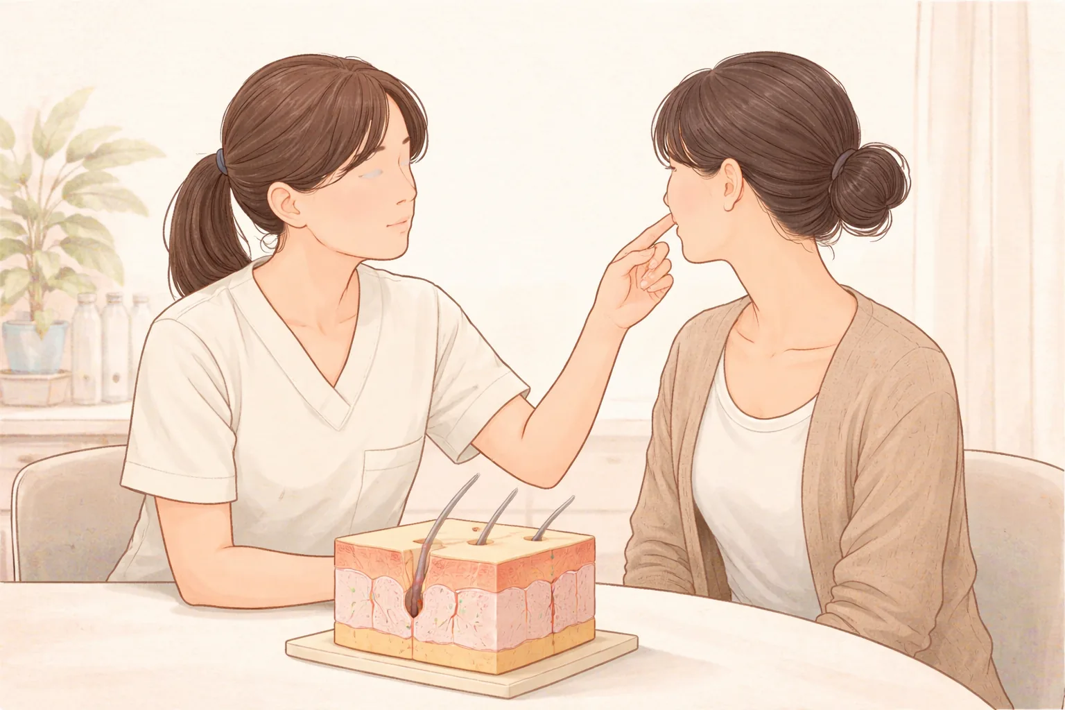 Clinician pointing at a seated woman's cheek while explaining during consultation