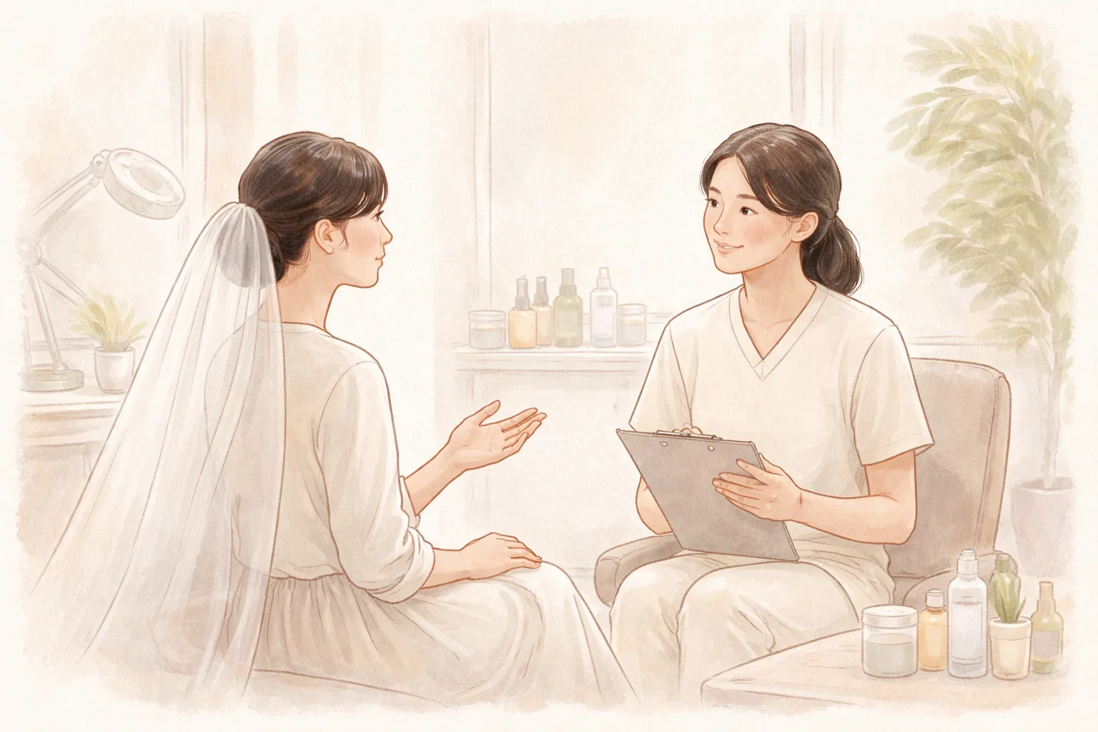 戴頭紗的女性與醫療人員諮詢