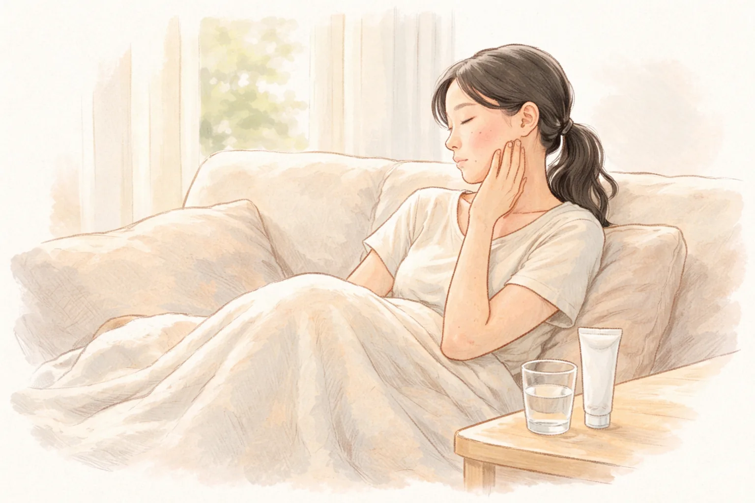 女性靠在沙發上用手摸著臉頰,旁邊桌上有水杯與軟管容器