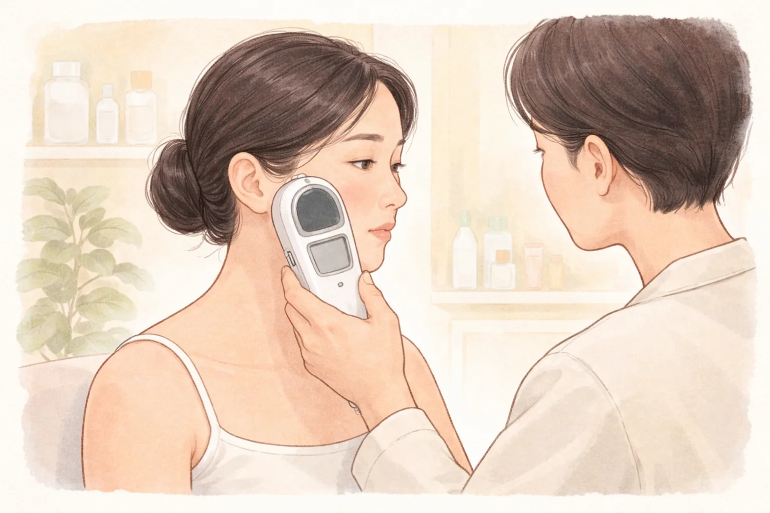 束发女性将医护人员拿着的皮肤分析仪器贴近面部