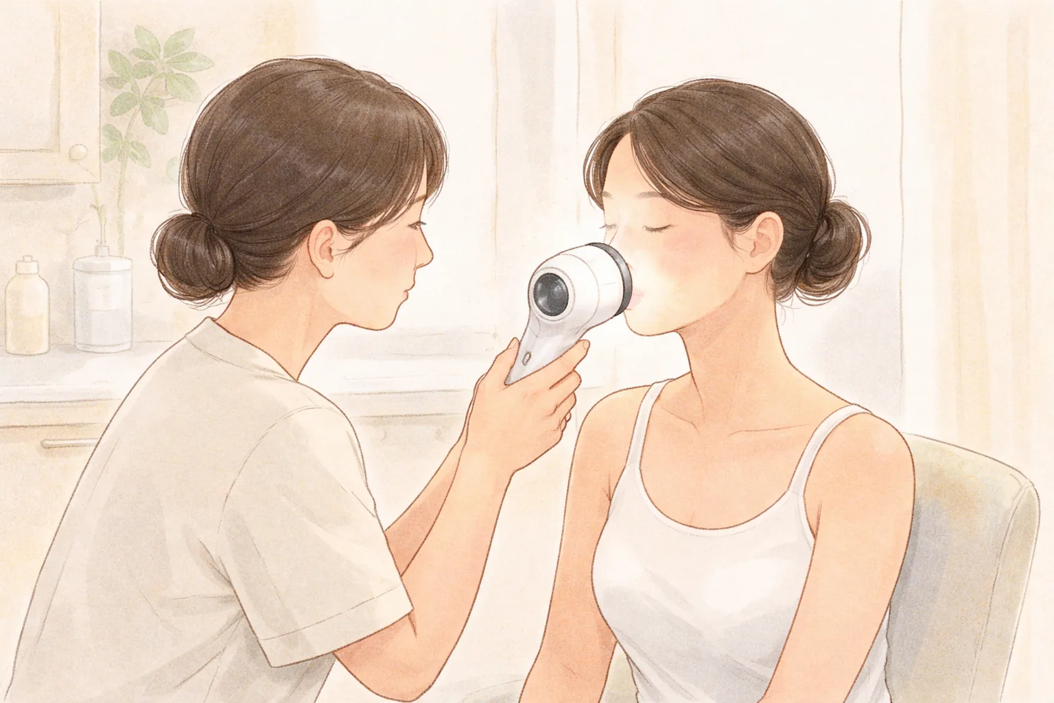 醫療人員與患者用肌膚分析相機拍攝女性臉頰
