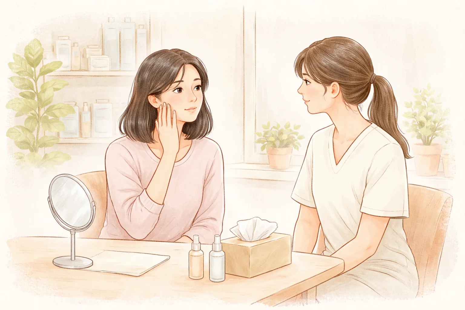 明亮的咨询室里一名女性和医务人员相对而坐交谈