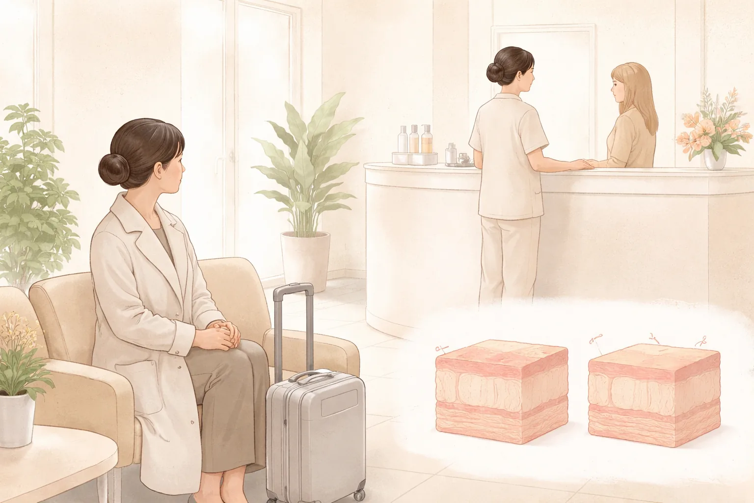 대기실 의자에 앉아 옆에 캐리어를 둔 여성과 안내 데스크에서 대화하는 두 사람