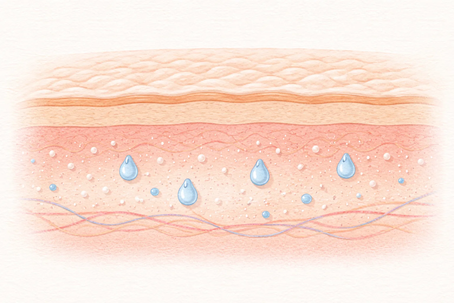 Cross-section of skin showing tiny particles in the dermis and several blue droplets