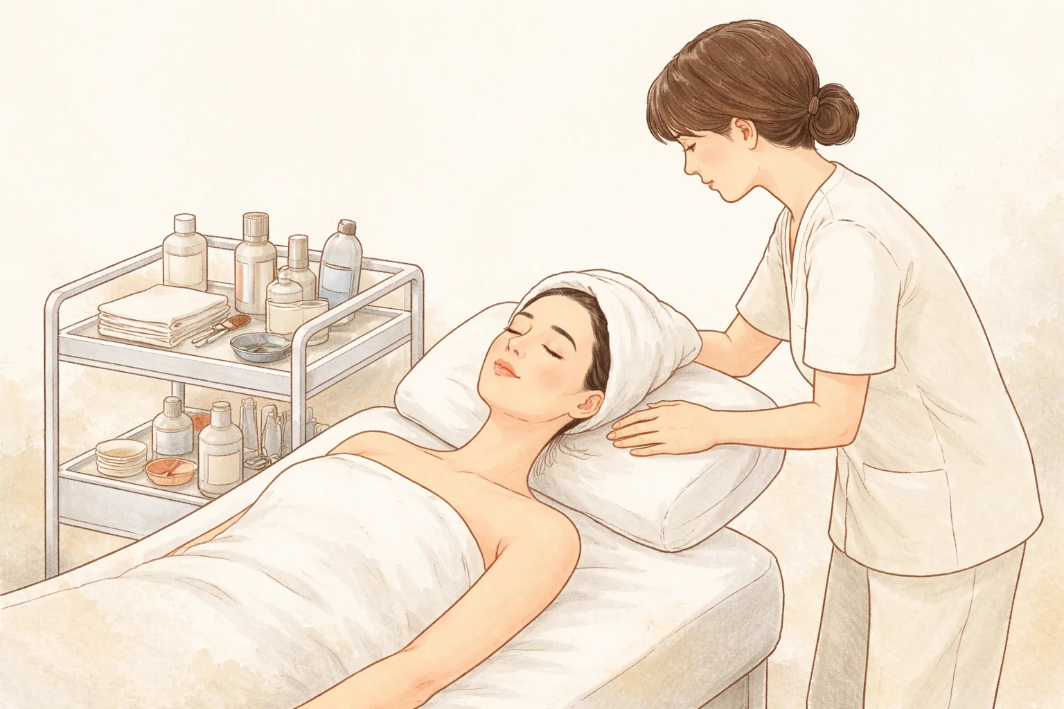 女性躺在療程床上,醫療人員在旁調整頭枕