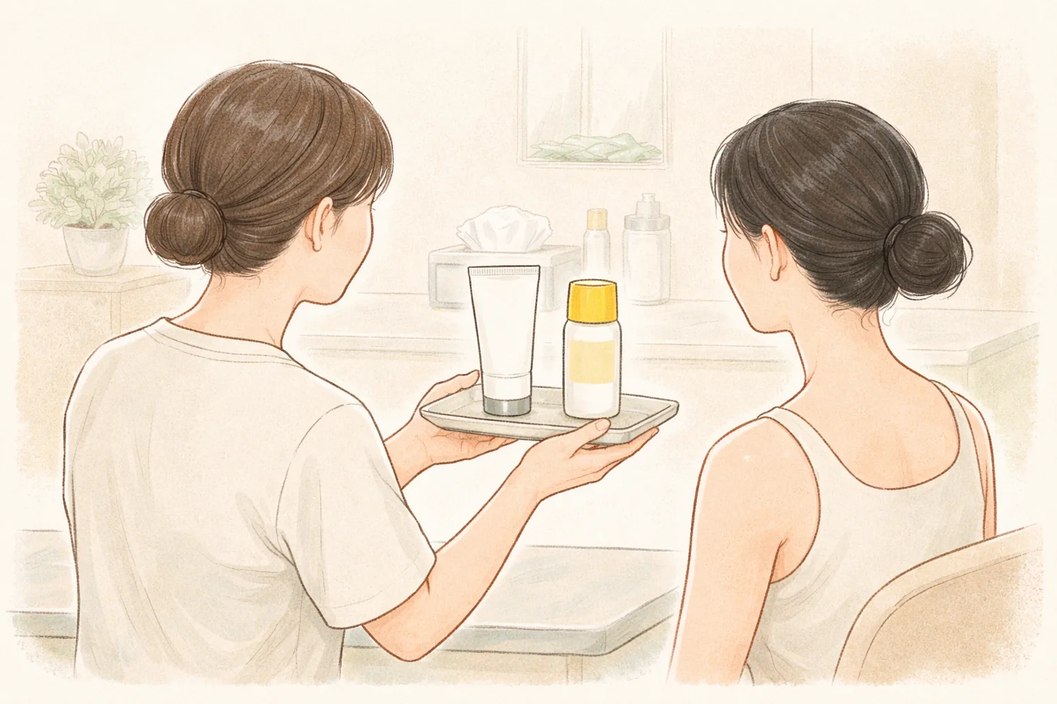 医療スタッフが保湿剤と日焼け止めを女性に見せて説明する様子