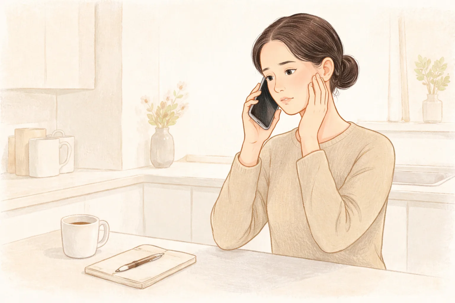 キッチンで頬に手を当てて電話している女性