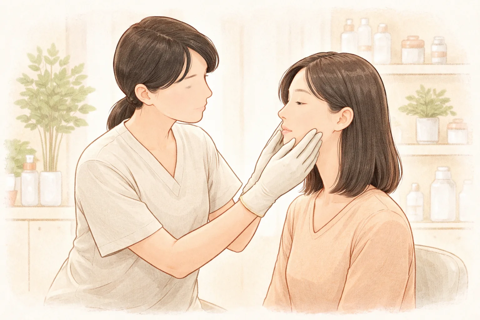 장갑 낀 의료진이 여성의 얼굴 볼과 턱선을 살피는 모습