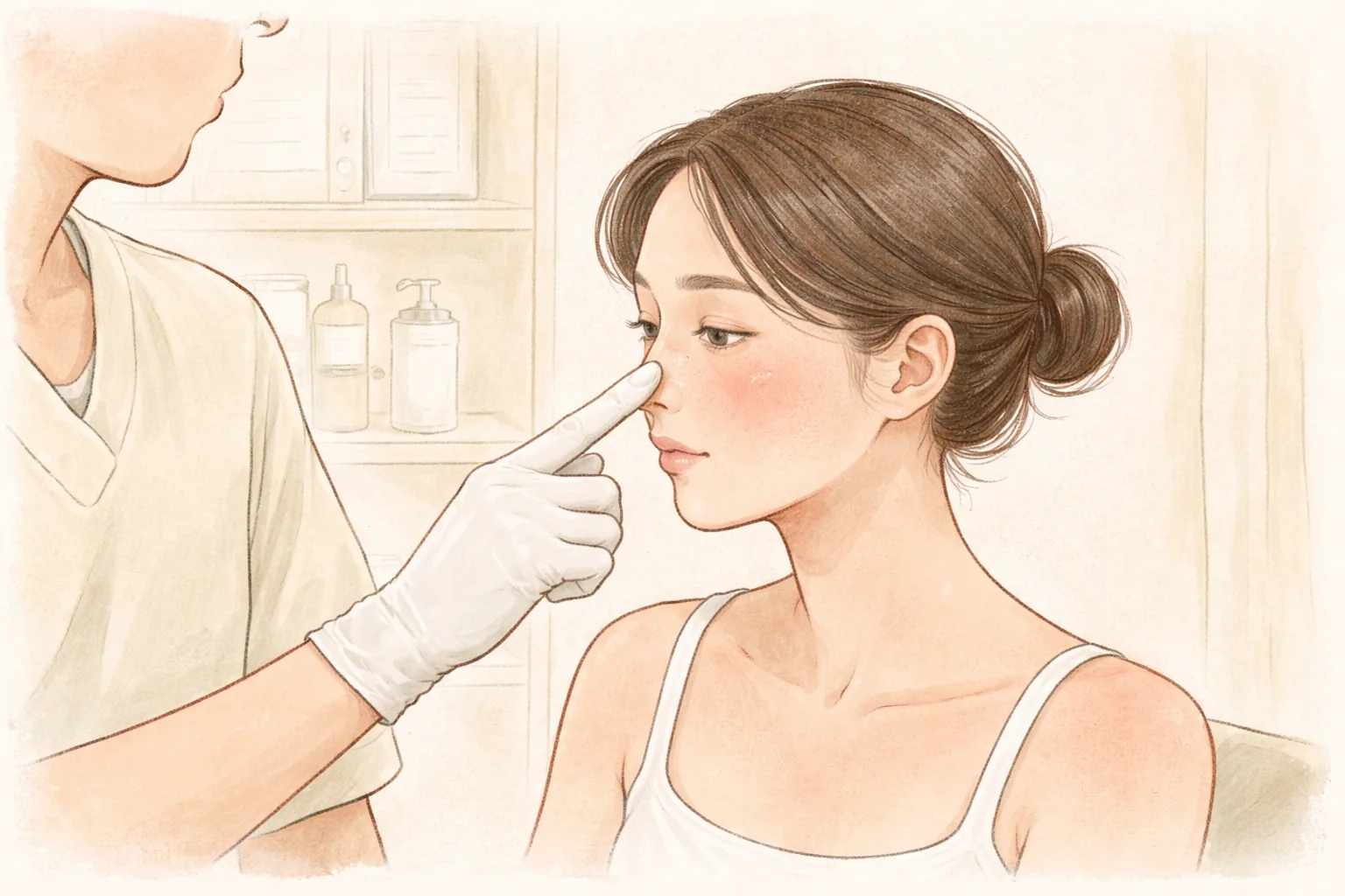 戴手套的医护人员手指指向女性鼻子和眼周