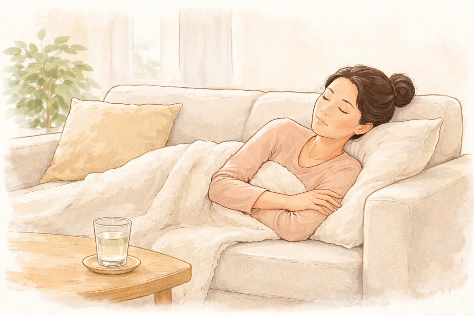 Mujer descansando en el sofá tapada con una manta y los ojos cerrados, con un vaso de agua delante