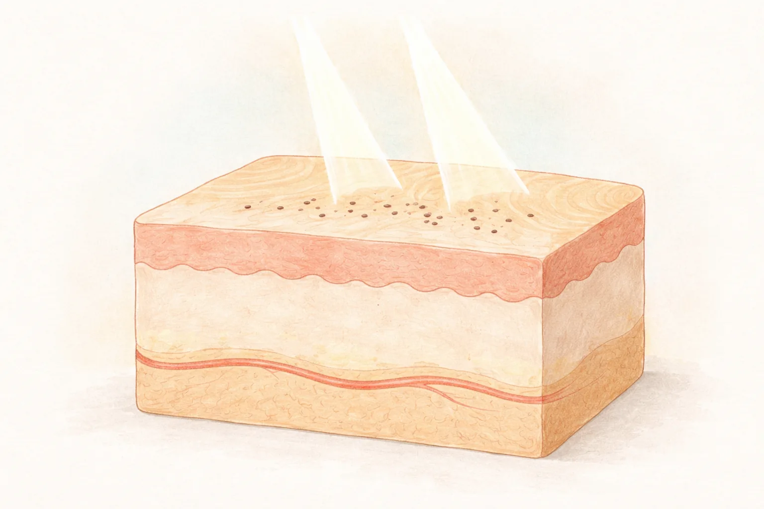 Light entering a skin cross-section, illuminating pigment particles and blood vessels