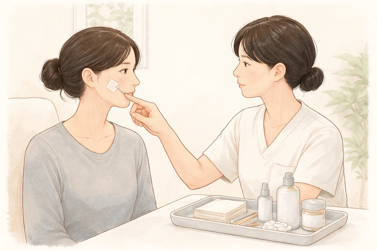 의료진이 여성의 볼에 붙은 작은 반창고를 가리키고 있다