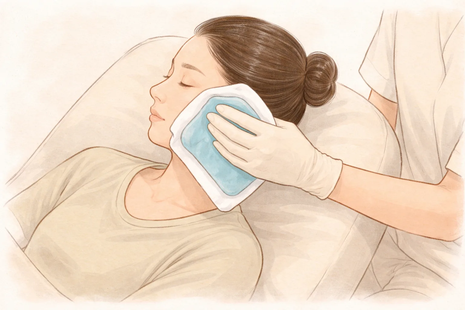 Woman lying on a bed with a cold pack held to one cheek