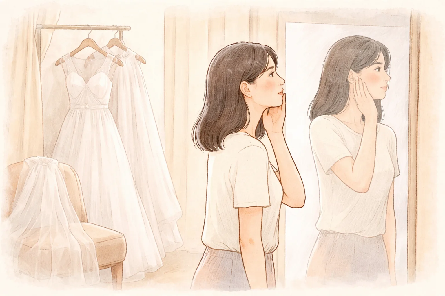 Mujer tocándose la mejilla frente al espejo junto a un vestido de novia